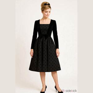 Lanz Originals Vintage Polka Dot Velour Taffeta Bow Black Dress